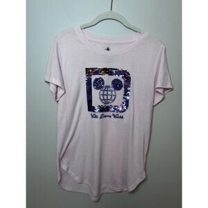 Walt Disney World Parks Pink Purple Sequin Mickey Mouse Short Sleeve Shirt Sz Sm